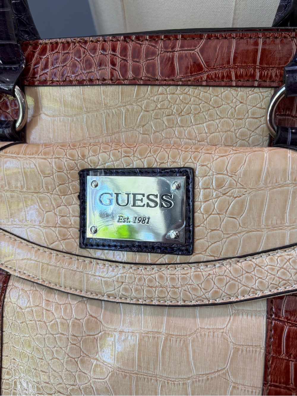 GUESS Croc Embossed Satchel Cream Brown Purple Patent Shoulder Handbag - Picture 4 of 12